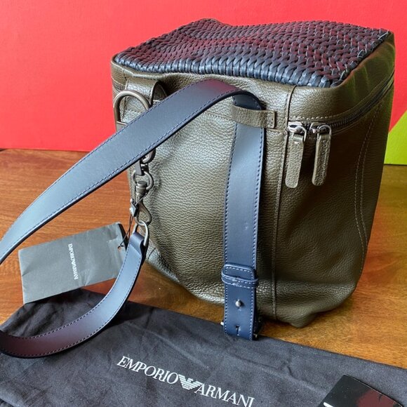 Emporio Armani Olive Green Leather Boxy single strap crossbody backpack - Picture 1 of 14